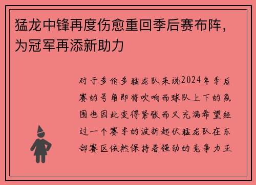 猛龙中锋再度伤愈重回季后赛布阵，为冠军再添新助力